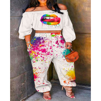 Plus Size Ink Splash Lip Print Off Shoulder Crop Top & Pants Set - white