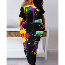 Plus Size Ink Splash Print Top & Drawstring Skirt Set - black