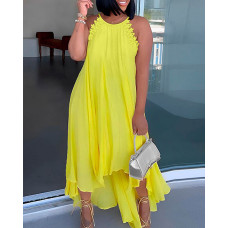 Plus Size Lace Patch Backless Asymmetrical Casual Dress - yellow