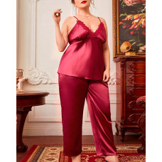 Plus Size Lace Patch Wide Leg Sleep Cami Set - red