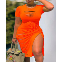 Plus Size Ladder Cutout Drawstring Ruched High Slit Dress - orange