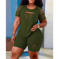 Plus Size Ladder Cutout Top & High Waist Shorts Set - Army green