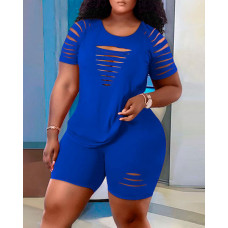 Plus Size Ladder Cutout Top & High Waist Shorts Set - blue