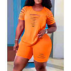 Plus Size Ladder Cutout Top & High Waist Shorts Set - orange