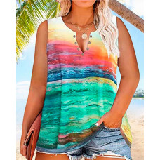 Plus Size Landscape Print Notched Neck Sleeveless Tank Top - Multicolor