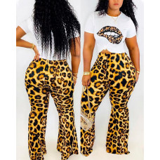 Plus Size Leopard Lip Print Casual Top & Flared Pants Set - Leopard