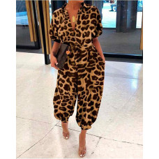 Plus Size Leopard Print Button Front Jumpsuit - coffee