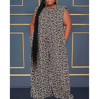 Plus Size Leopard Print Cap Sleeve Wide Leg Jumpsuit - Leopard