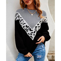 Plus Size Leopard Print Colorblock Long Sleeve Knit Sweater - black