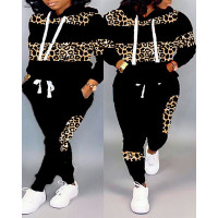 Plus Size Leopard Print Long Sleeve Hoodie & Pants Set - black