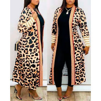 Plus Size Leopard Print Open Front Longline Coat - Leopard