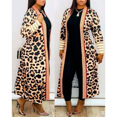 Plus Size Leopard Print Open Front Longline Coat - Leopard