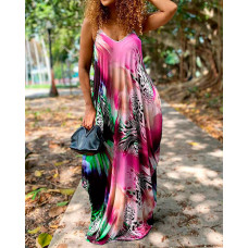 Plus Size Leopard Tie Dye Print Spaghetti Strap Maxi Dress - purple