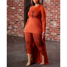 Plus Size Letter Pattern Dip Hem Top & Pants Set - orange