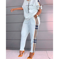 Plus Size Letter Plaid Print Casual Top & Pants Set - white