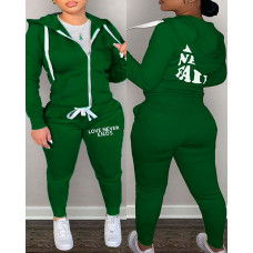 Plus Size Letter Print Hooded Zip Up Top & Pants Set - green