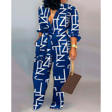 Plus Size Letter Print Long Sleeve Belted Jumpsuit - blue