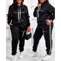 Plus Size Letter Print Long Sleeve Hoodie & Pants Set - black