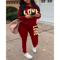 Plus Size Letter Print Long Sleeve Top & Pants Set - Wine red