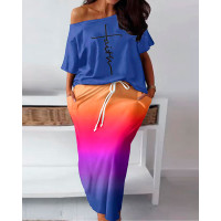 Plus Size Letter Print Top & Ombre Pocket Design Skirt Set - blue