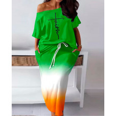 Plus Size Letter Print Top & Ombre Pocket Design Skirt Set - green