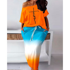 Plus Size Letter Print Top & Ombre Pocket Design Skirt Set - orange