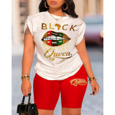 Plus Size Lip Queen Letter Print Short Sleeve Top & Shorts Set - red