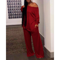 Plus Size Long Sleeve Casual Top & Pocket Design Pants Sets - Wine red