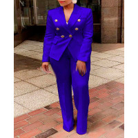 Plus Size Long Sleeve Double Breasted Blazer & Pants Set - blue