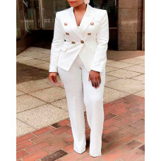 Plus Size Long Sleeve Double Breasted Blazer & Pants Set - white