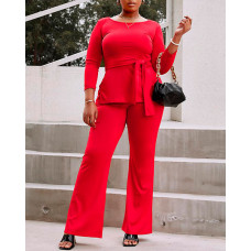 Plus Size Long Sleeve Split Hem Top & Pants Set - red