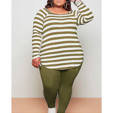 Plus Size Long Sleeve Striped Top & High Waist Pants Set - Army green