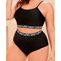 Plus Size Love Letter Pattern U-Neck Bikini Set - black