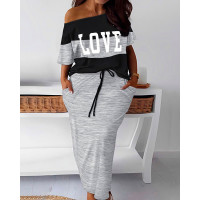 Plus Size Love Print Striped Colorblock Top & Drawstring Skirt Set - gray