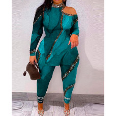 Plus Size Marble Print Cold Shoulder Top & Pants Set - green