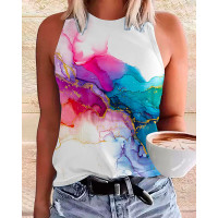 Plus Size Marble Print Crew Neck Casual Tank Top - white