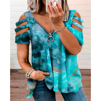 Plus Size Marble Print Cutout Zipper Design T-Shirt - blue