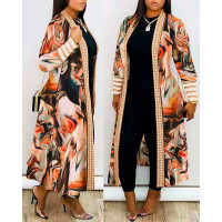 Plus Size Marble Print Open Front Longline Coat - Apricot