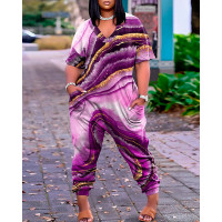 Plus Size Marble Print Pocket Design Casual Jumpsuit - purple