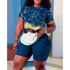 Plus Size Marble Print Pocket Design Top & Shorts Set - blue