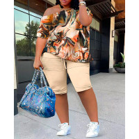 Plus Size Marble Print Skew Neck Top & Ruched Shorts Set - Apricot