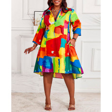 Plus Size Melting Colors All-over Print Flowy Shirt Dress - Multicolor