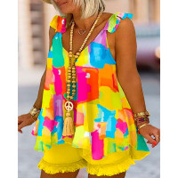 Plus Size Melting Colors All Over Print Flutter Sleeve Tank Top & Raw Hem Shorts Set - yellow