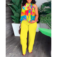 Plus Size Melting Colors All Over Print Tank Top & Straight Leg Pants Set - yellow