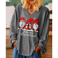 Plus Size Merry Christmas Gnome Print Casual Top - gray