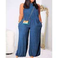 Plus Size Mock Neck Pocket Design Jumpsuit - blue