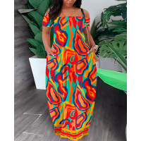 Plus Size Multi-Color Abstract Print Maxi Dress - orange