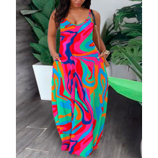 Plus Size Multi-Color Abstract Print Pocket Design Maxi Dress - Multicolor