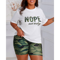 Plus Size Nope Not Today Camo Print Top & Shorts Set - camoflage