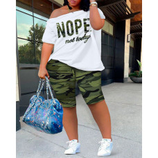 Plus Size Nope Not Today Camouflage Print Skew Neck Top & Shorts Set - camoflage